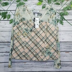 NWT Randolph Duke The Look button down floral long sleeve sheer top blouse sz 16